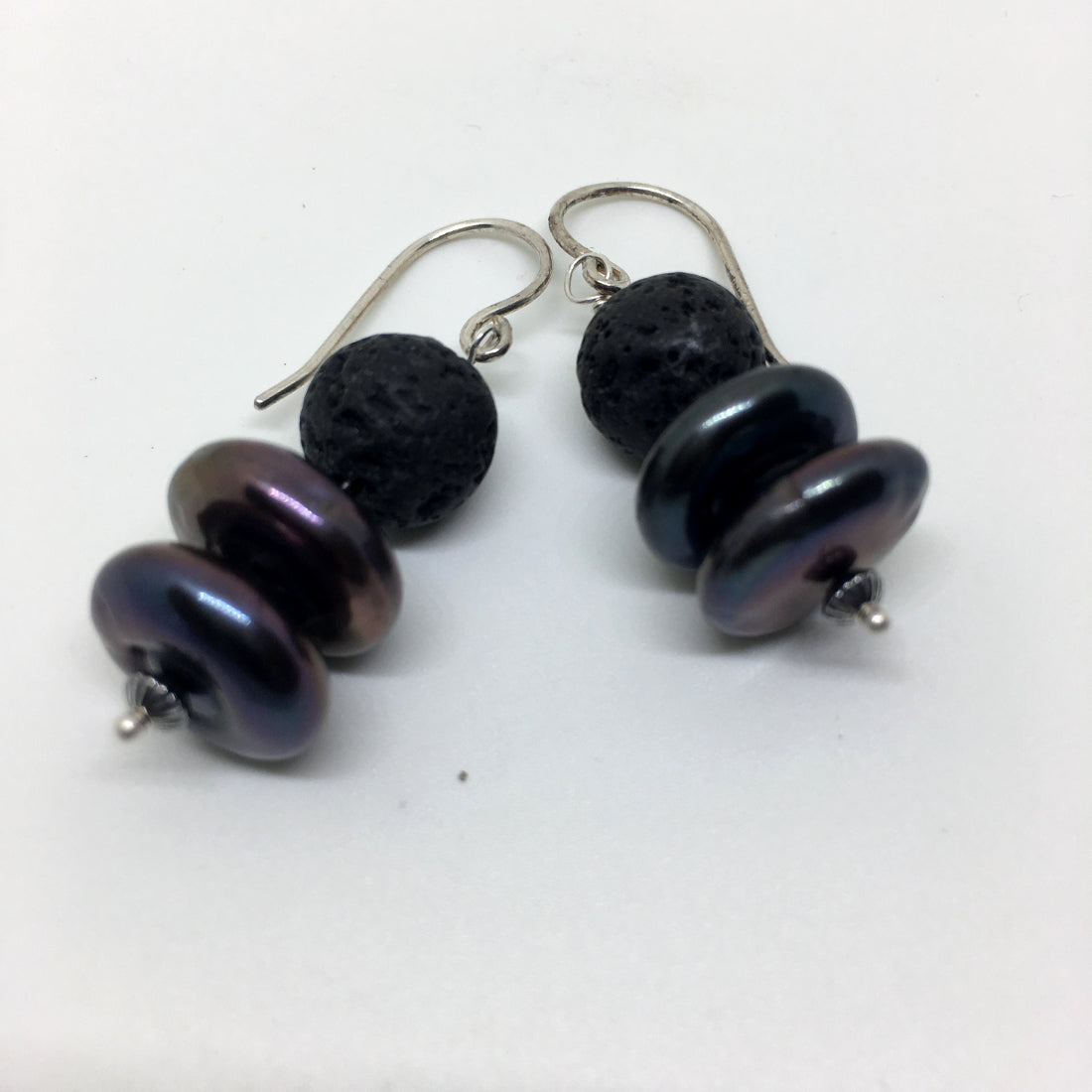 Peacock Freshwater Pearl and Black Lava Earrings