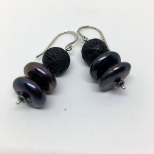 Peacock Freshwater Pearl and Black Lava Earrings
