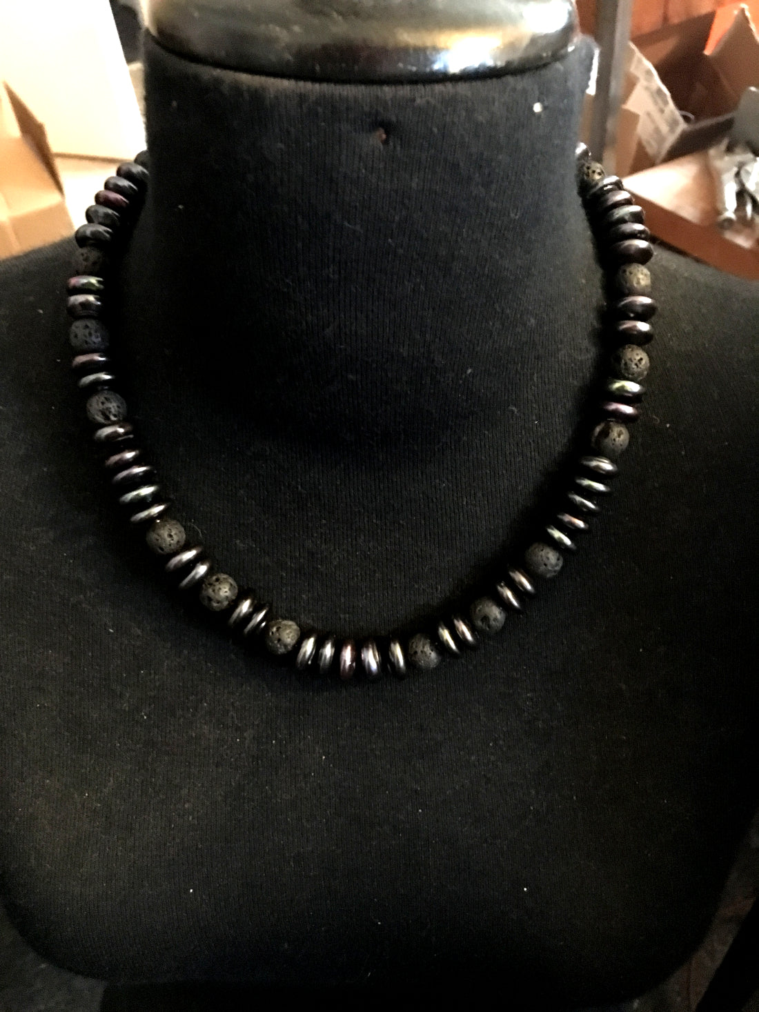 Peacock Freshwater Pearl and Black Lava Necklace