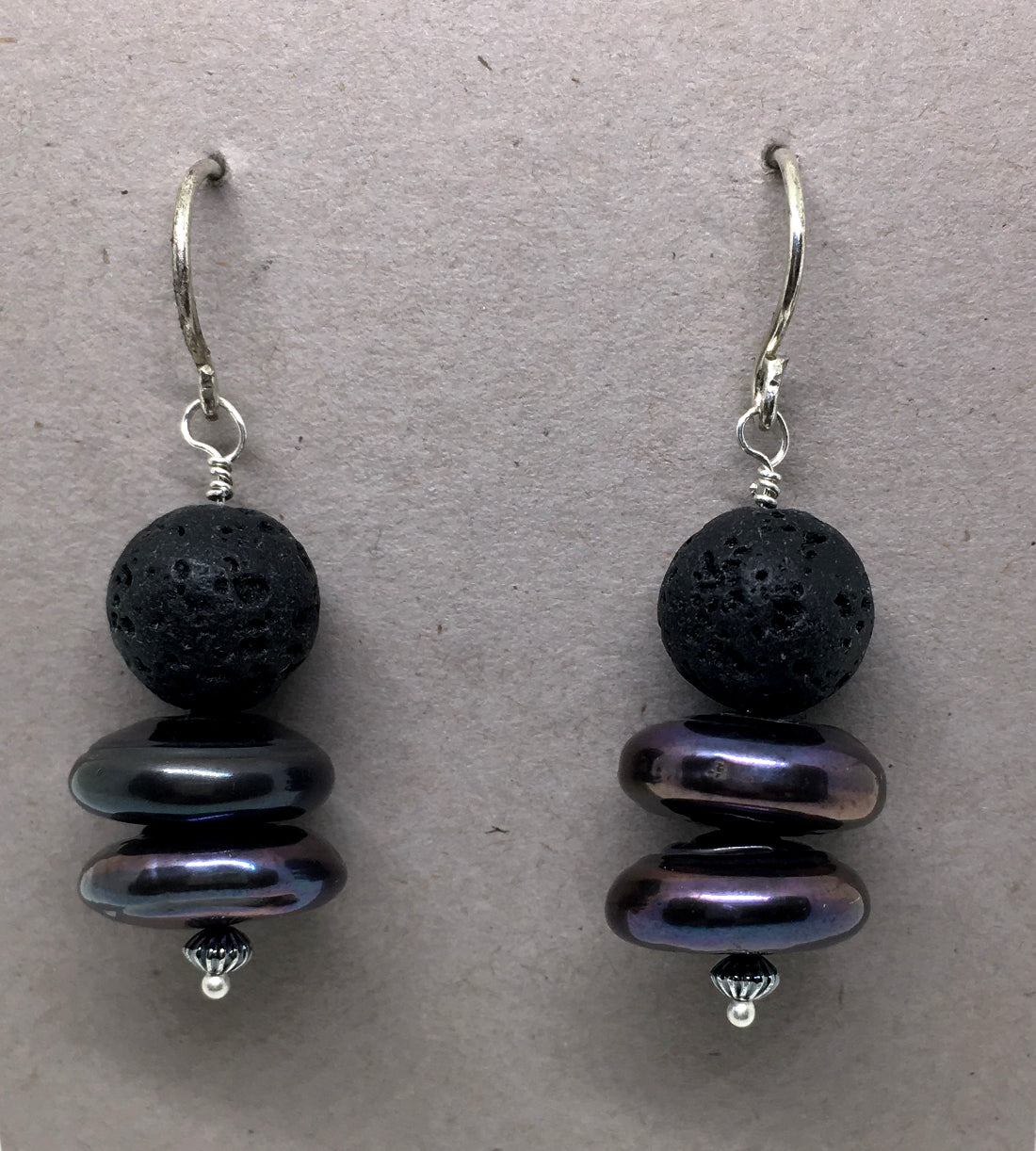 Peacock Freshwater Pearl and Black Lava Earrings