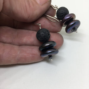 Peacock Freshwater Pearl and Black Lava Earrings