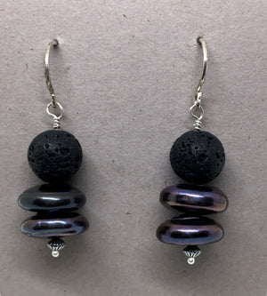 Peacock Freshwater Pearl and Black Lava Earrings