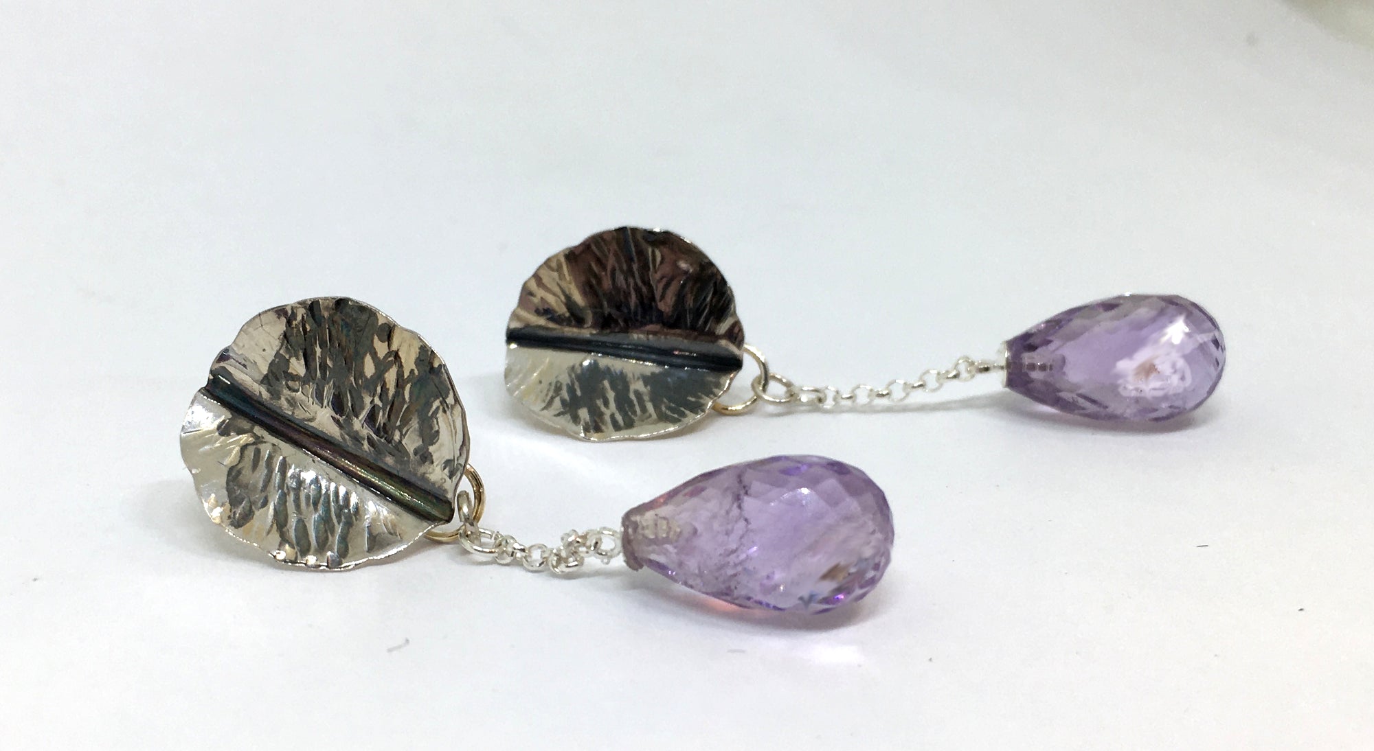 Hand Forged Leaf Earrings with Amethyst Drops in Sterling Silver