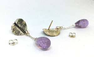 Hand Forged Leaf Earrings with Amethyst Drops in Sterling Silver