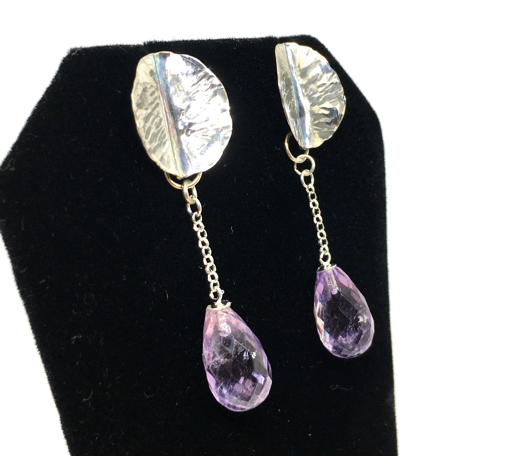 Hand Forged Leaf Earrings with Amethyst Drops in Sterling Silver