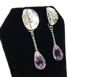 Hand Forged Leaf Earrings with Amethyst Drops in Sterling Silver