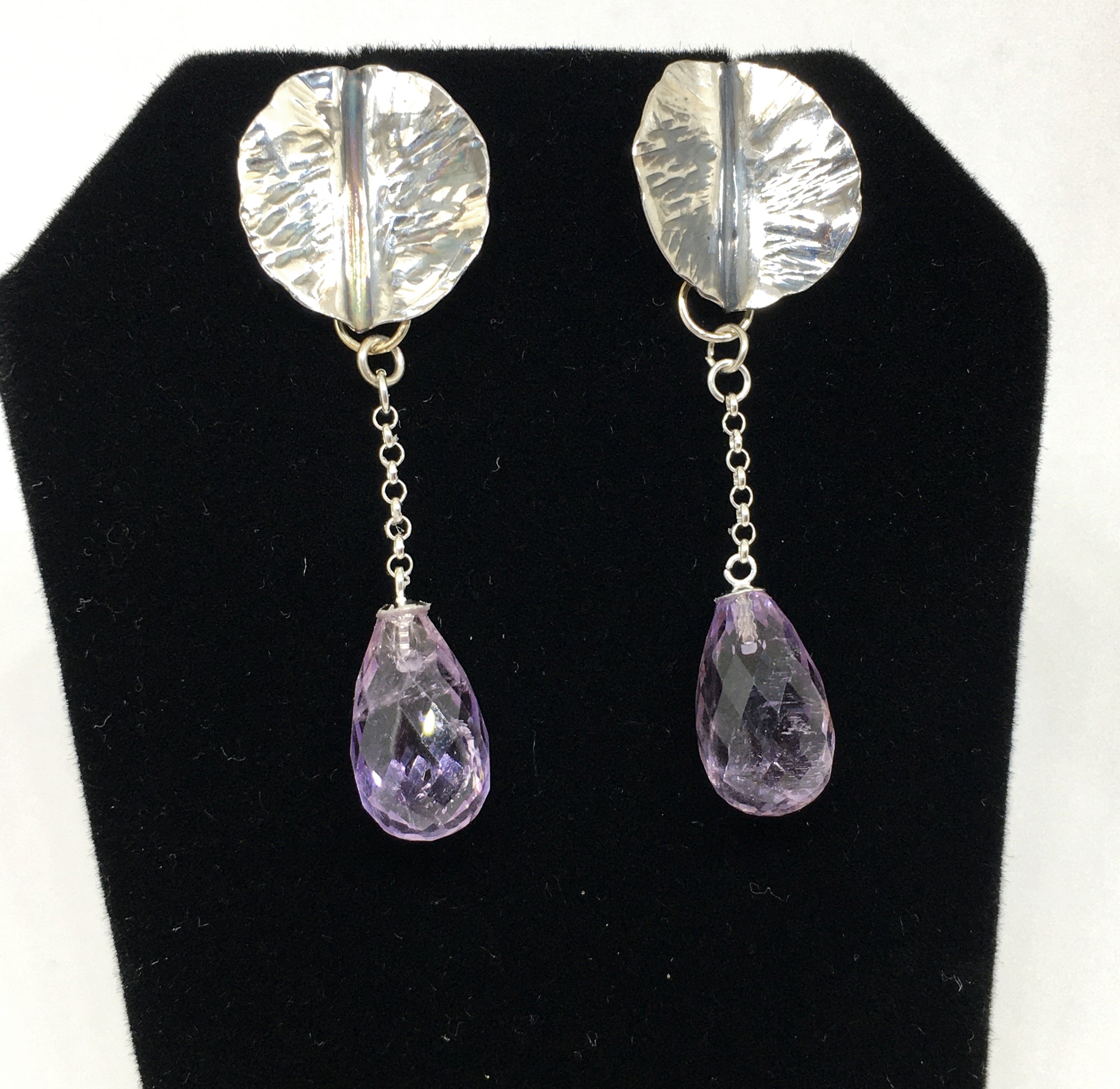 Hand Forged Leaf Earrings with Amethyst Drops in Sterling Silver