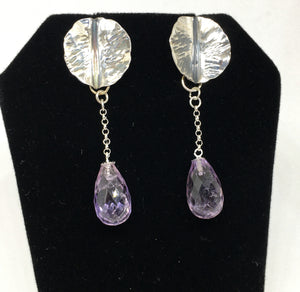 Hand Forged Leaf Earrings with Amethyst Drops in Sterling Silver
