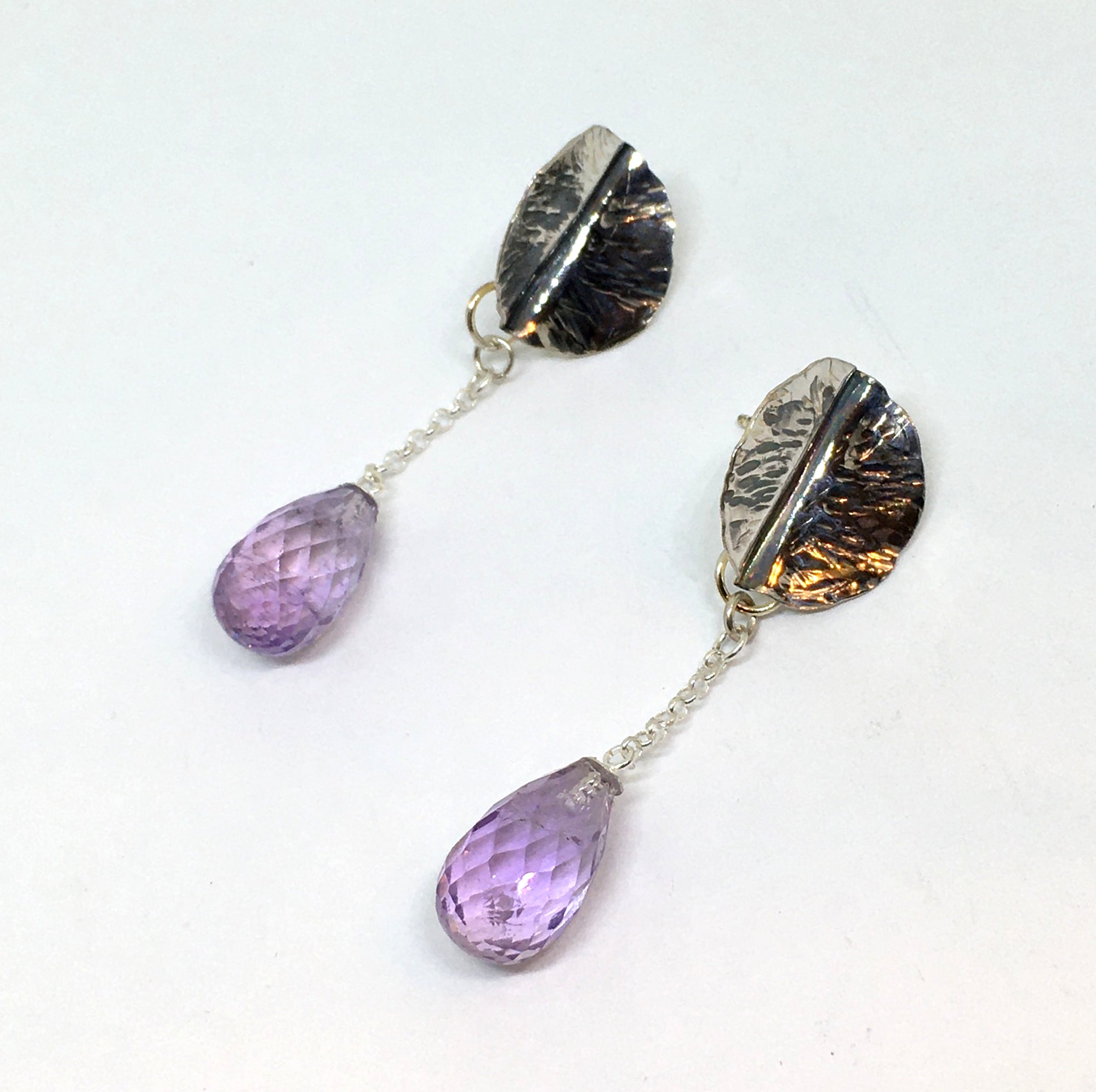 Hand Forged Leaf Earrings with Amethyst Drops in Sterling Silver