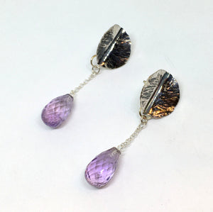 Hand Forged Leaf Earrings with Amethyst Drops in Sterling Silver