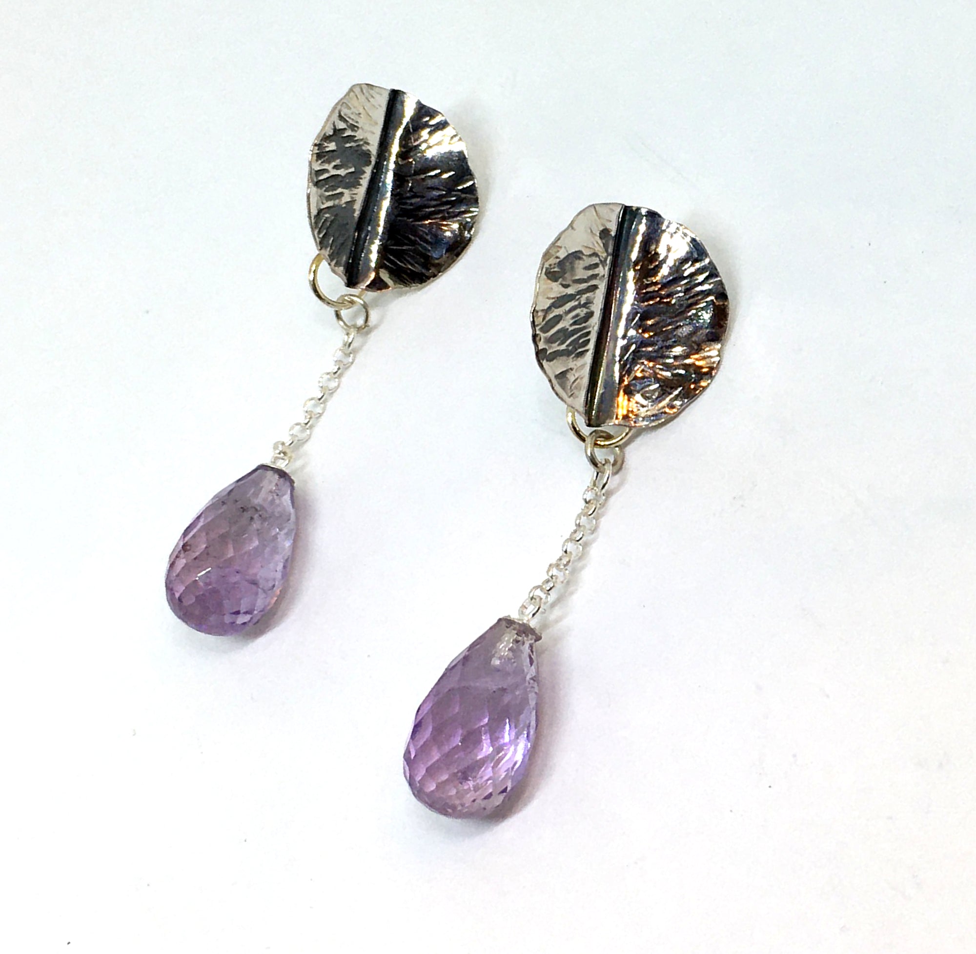 Handforged Leaf Earrings with faceted amethyst drops