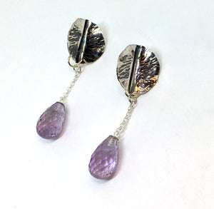 Handforged Leaf Earrings with faceted amethyst drops