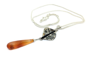 Hand Forged Sterling Silver Leaf with Carnelian Gem Drop Pendant Necklace