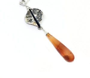 Hand Forged Sterling Silver Leaf with Carnelian Gem Drop Pendant Necklace
