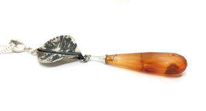 Hand Forged Sterling Silver Leaf with Carnelian Gem Drop Pendant Necklace