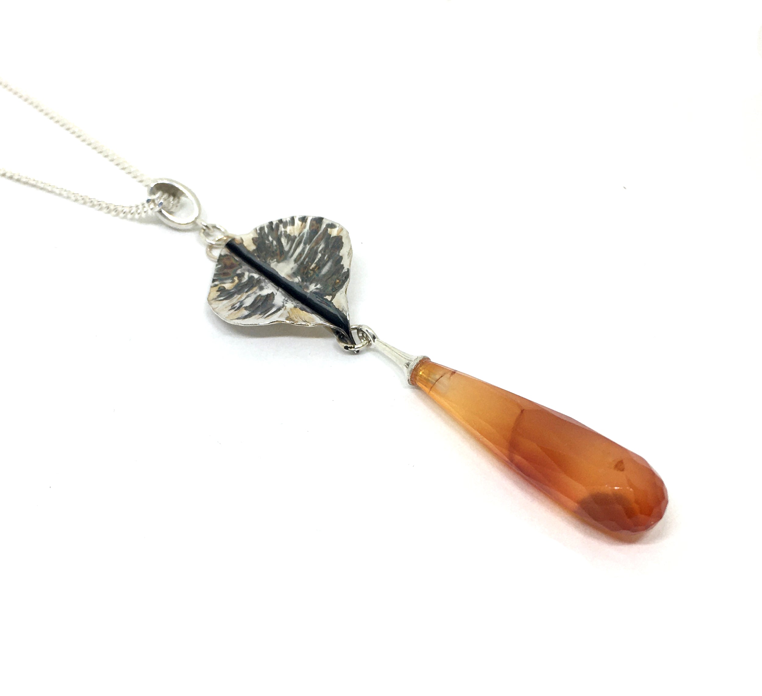 Hand Forged Sterling Silver Leaf with Carnelian Gem Drop Pendant Necklace