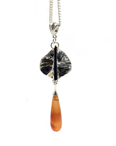hand forged silver leaf necklace with carnelian gem drop
