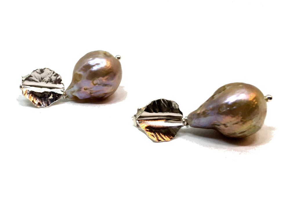 Fireball Pearl Drop Earrings with Hand Forged Silver Leaves