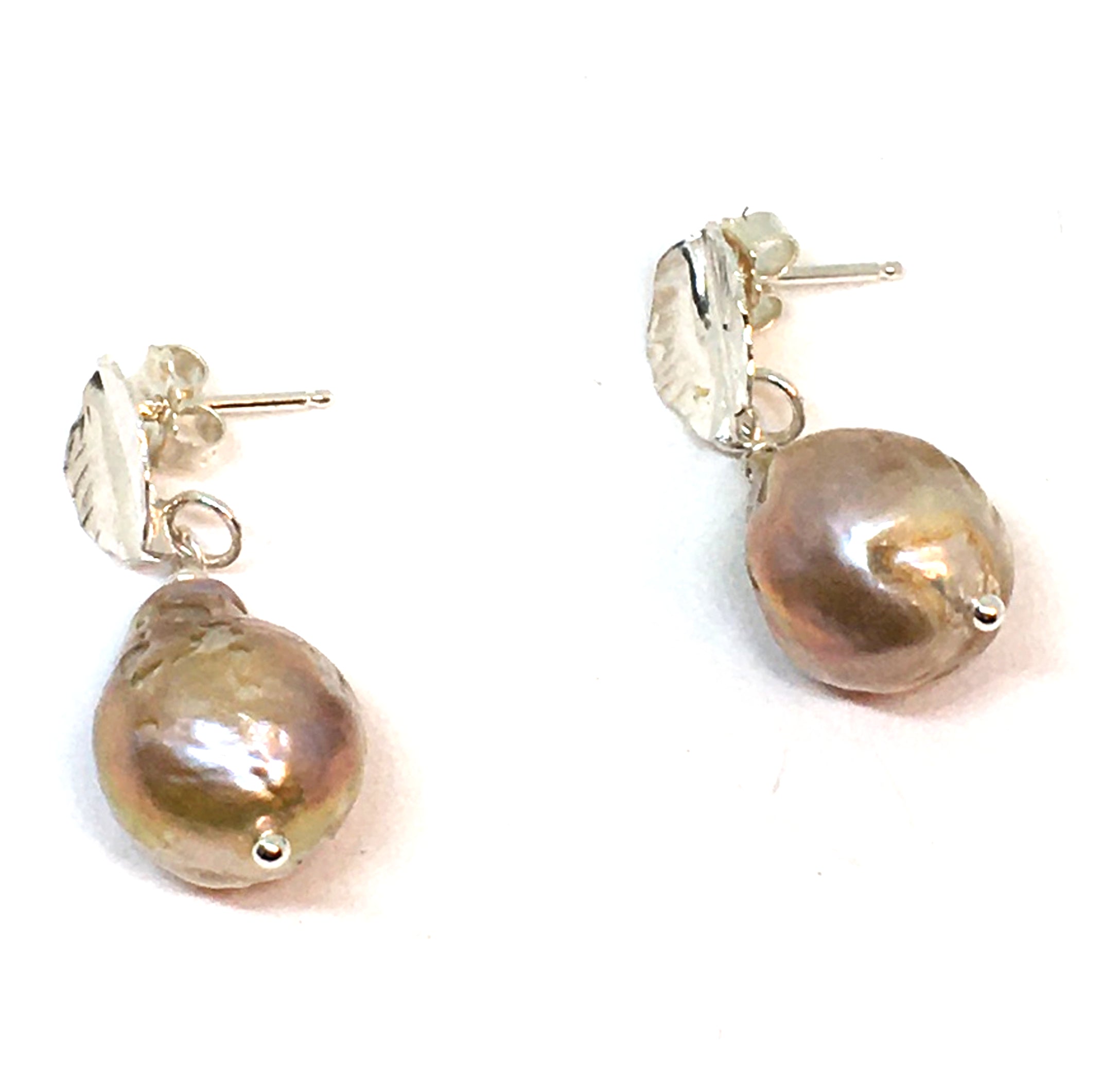 Fireball Pearl Drop Earrings with Hand Forged Silver Leaves