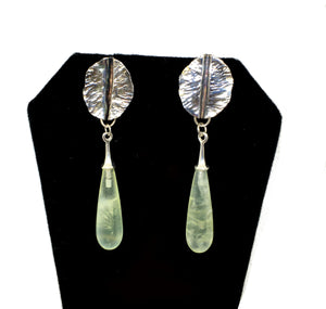Hand Forged Leaf Post Earrings with Prehnite Gemstone Drops