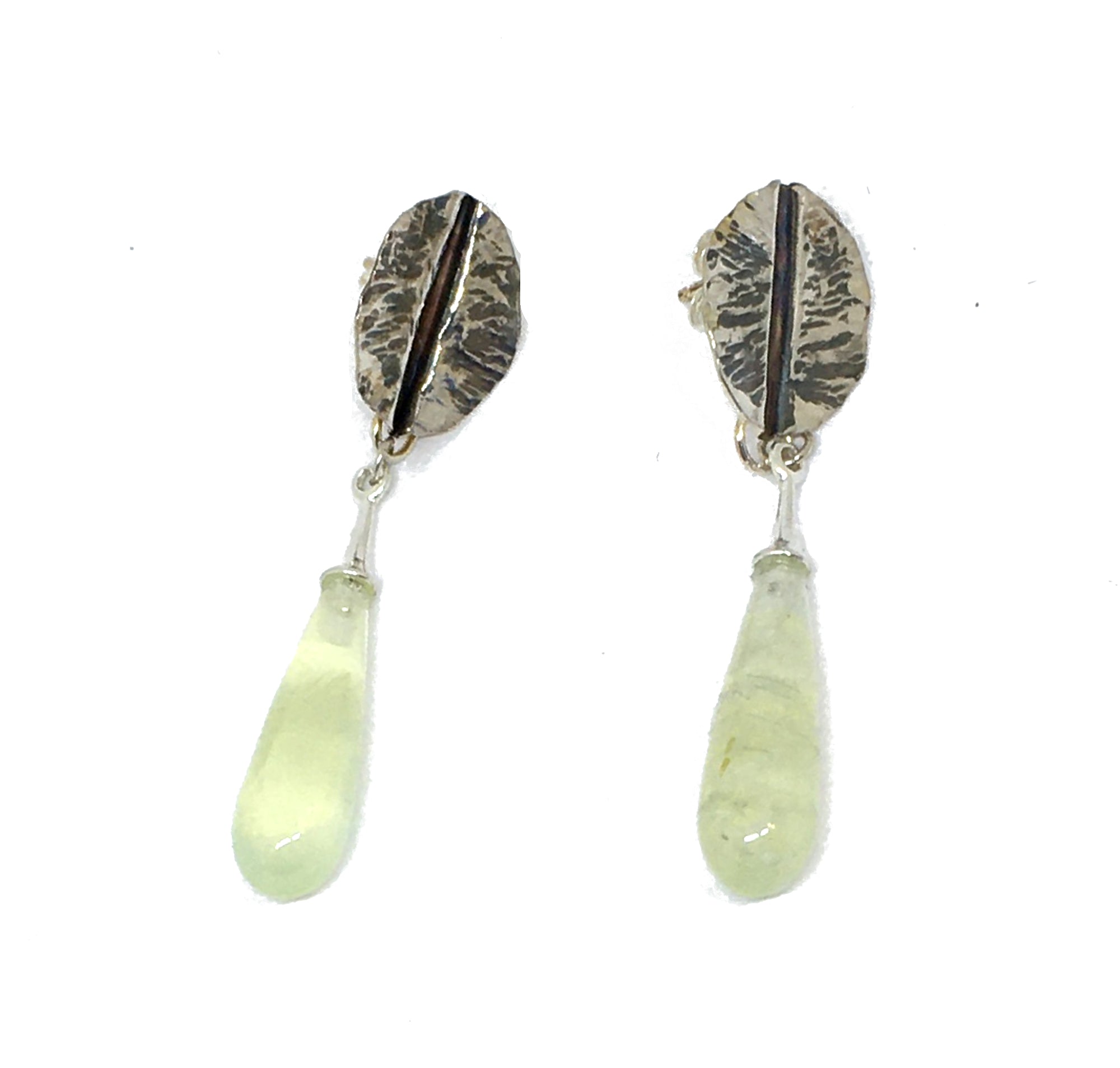 Handforged sterling silver leaf earrings with prehnite gemstone drops
