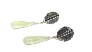 Hand Forged Leaf Post Earrings with Prehnite Gemstone Drops
