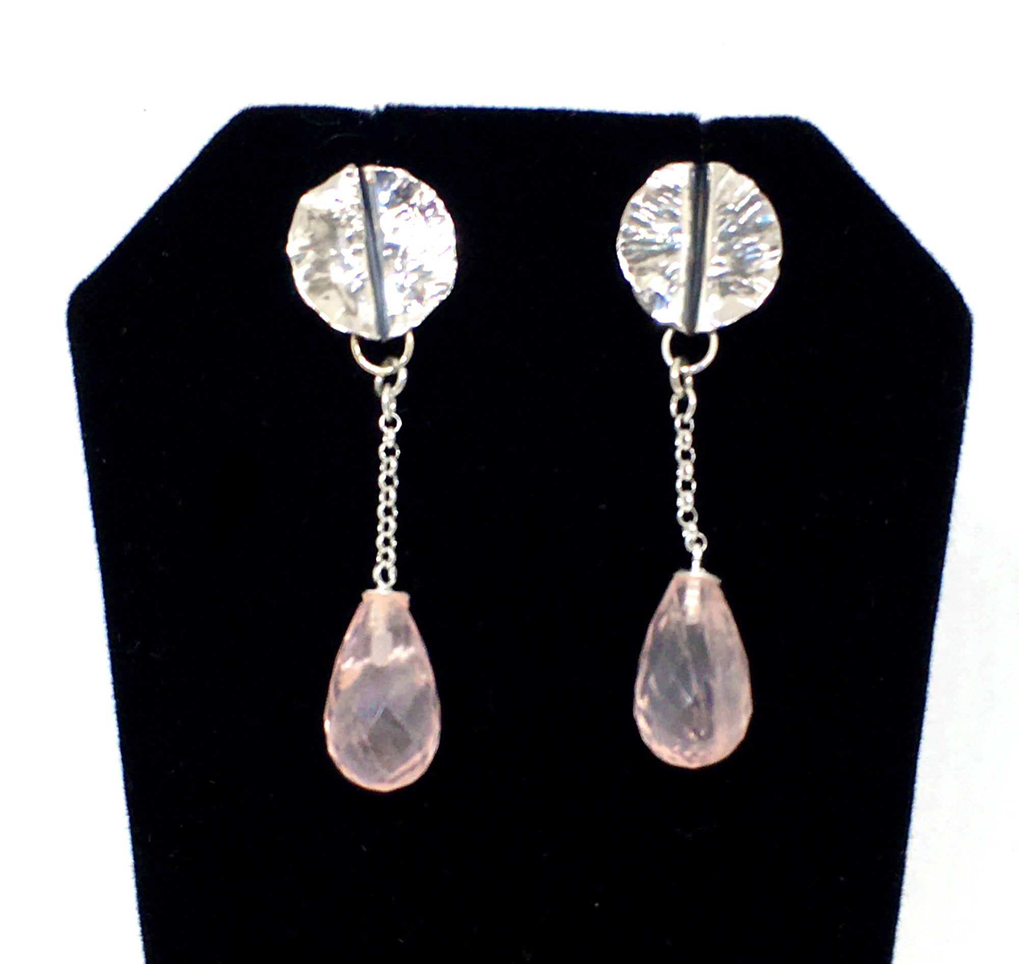 Hand Forged Leaf Earrings with Rose Quartz Drops