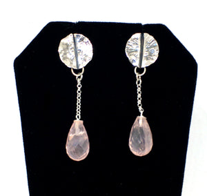Hand Forged Leaf Earrings with Rose Quartz Drops