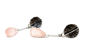 Hand Forged Leaf Earrings with Rose Quartz Drops