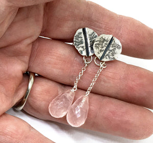 Hand Forged Leaf Earrings with Rose Quartz Drops