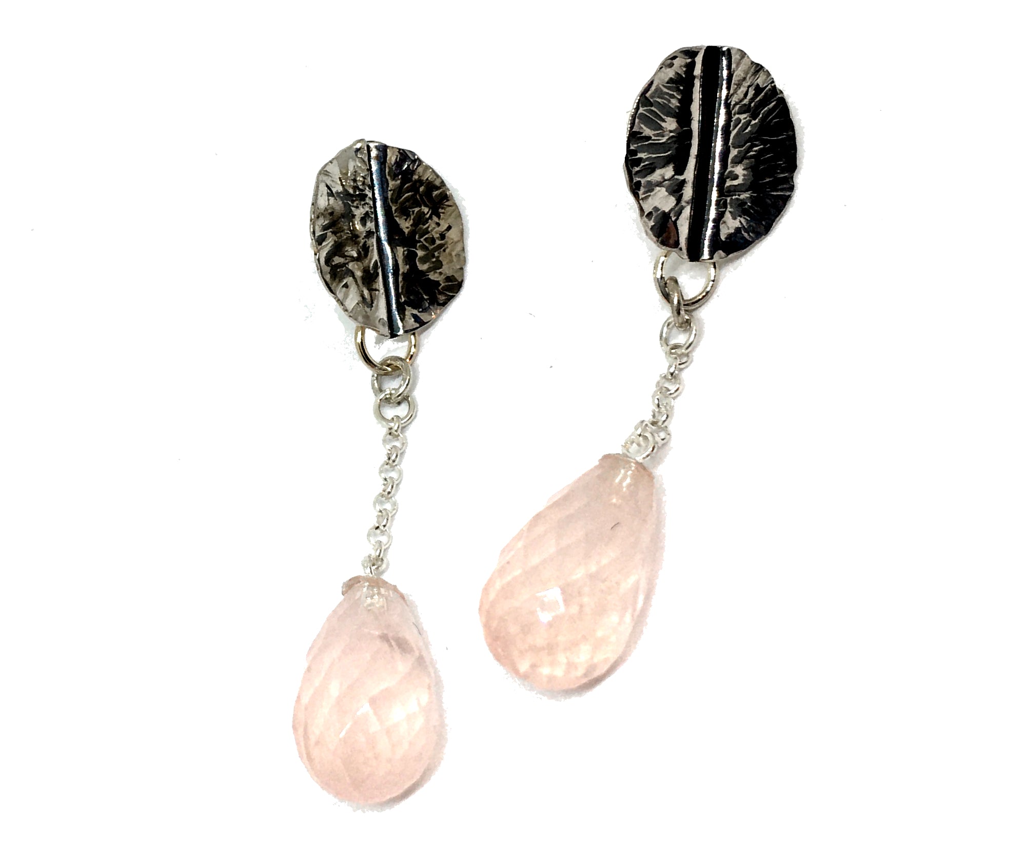 Hand Forged Leaf Earrings with Rose Quartz Drops