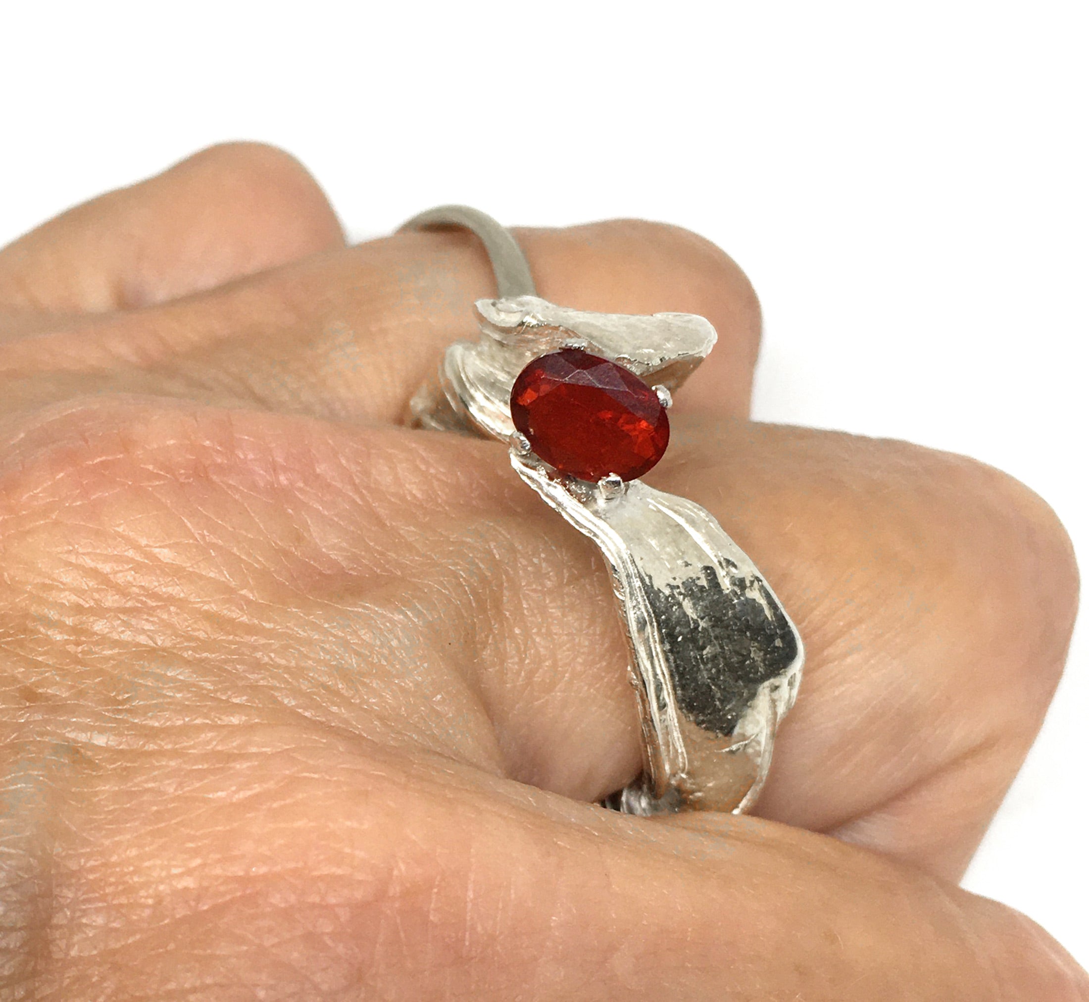 Mitsuro Hikime Sterling Silver Ring with Fire Opal Gemstone