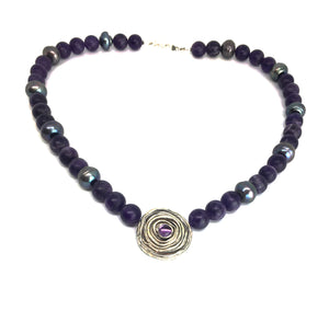 Mitsuro Hikime Rose Pendant Necklace with Amethyst and Baroque Peacock Pearl