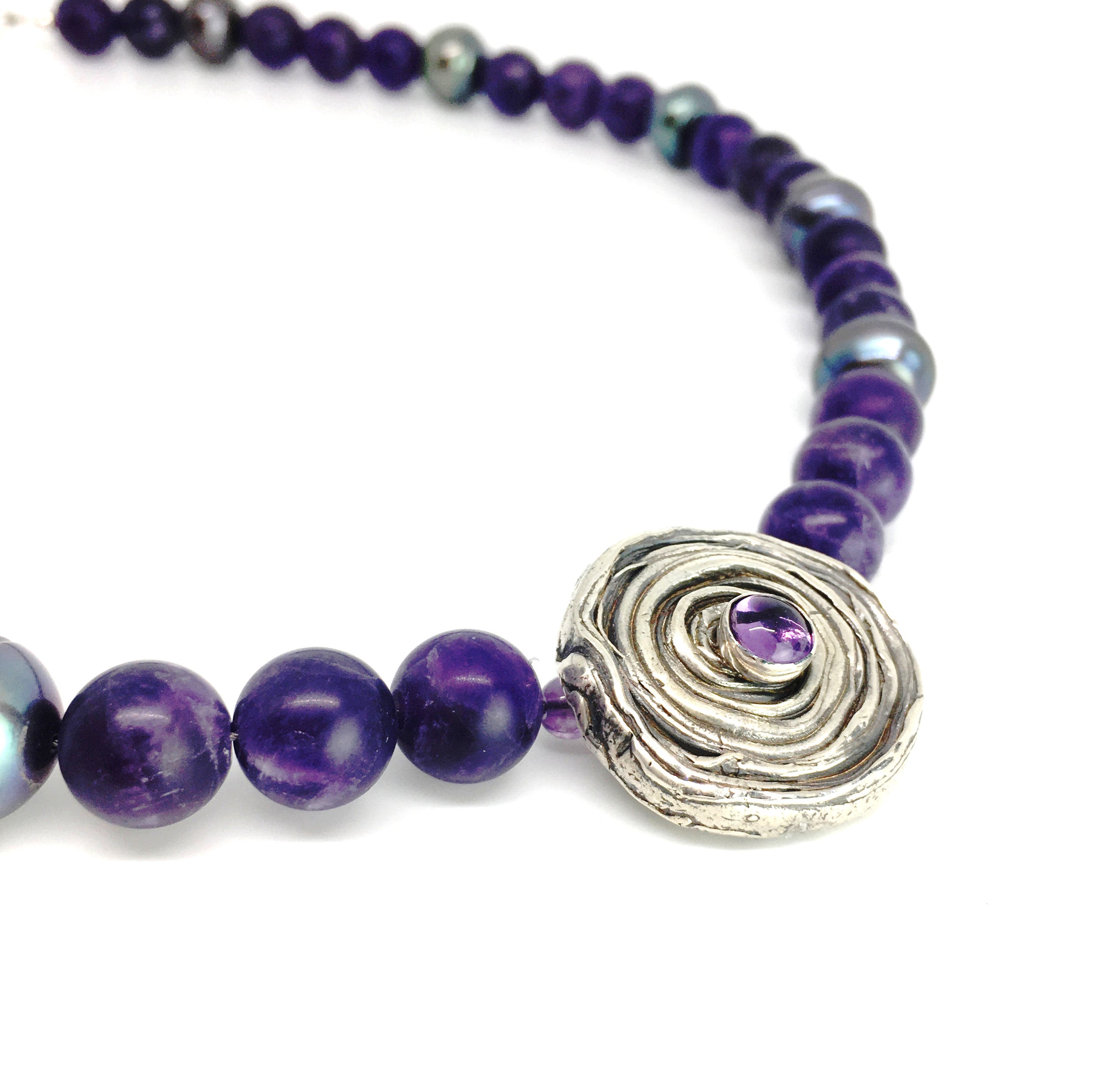 Mitsuro Hikime Rose Pendant Necklace with Amethyst and Baroque Peacock Pearl