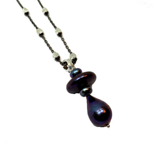 Mixed Peacock Pearl Pendant on Black Sterling Silver Beaded Chain