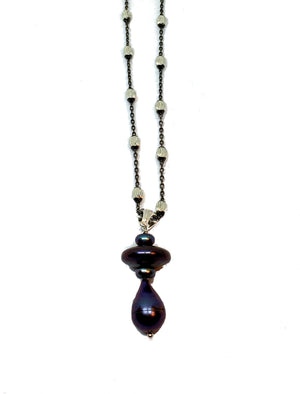 Mixed Peacock Pearl Pendant on Black Sterling Silver Beaded Chain