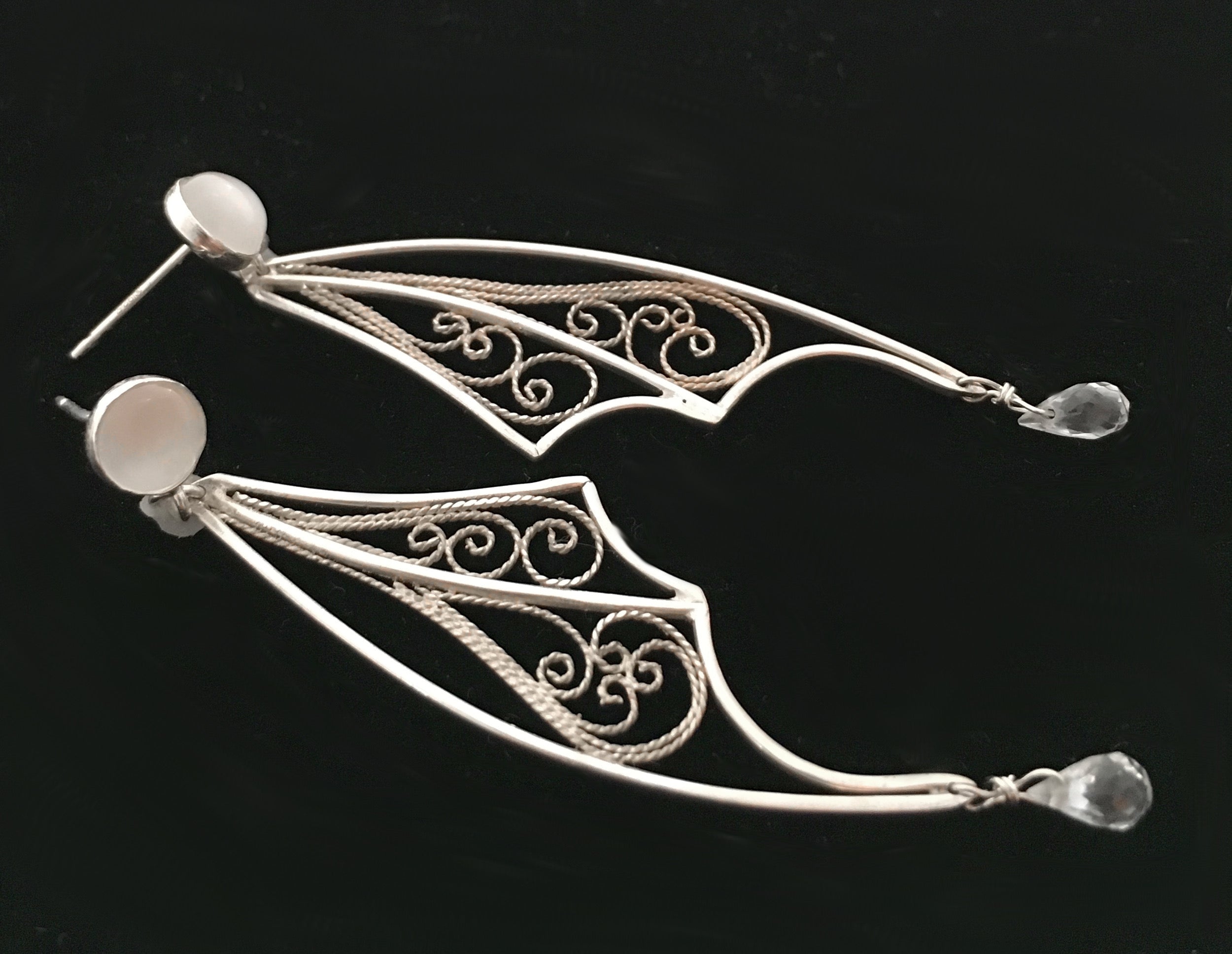 handmade silver filigree statement earrings with moonstone and white topaz