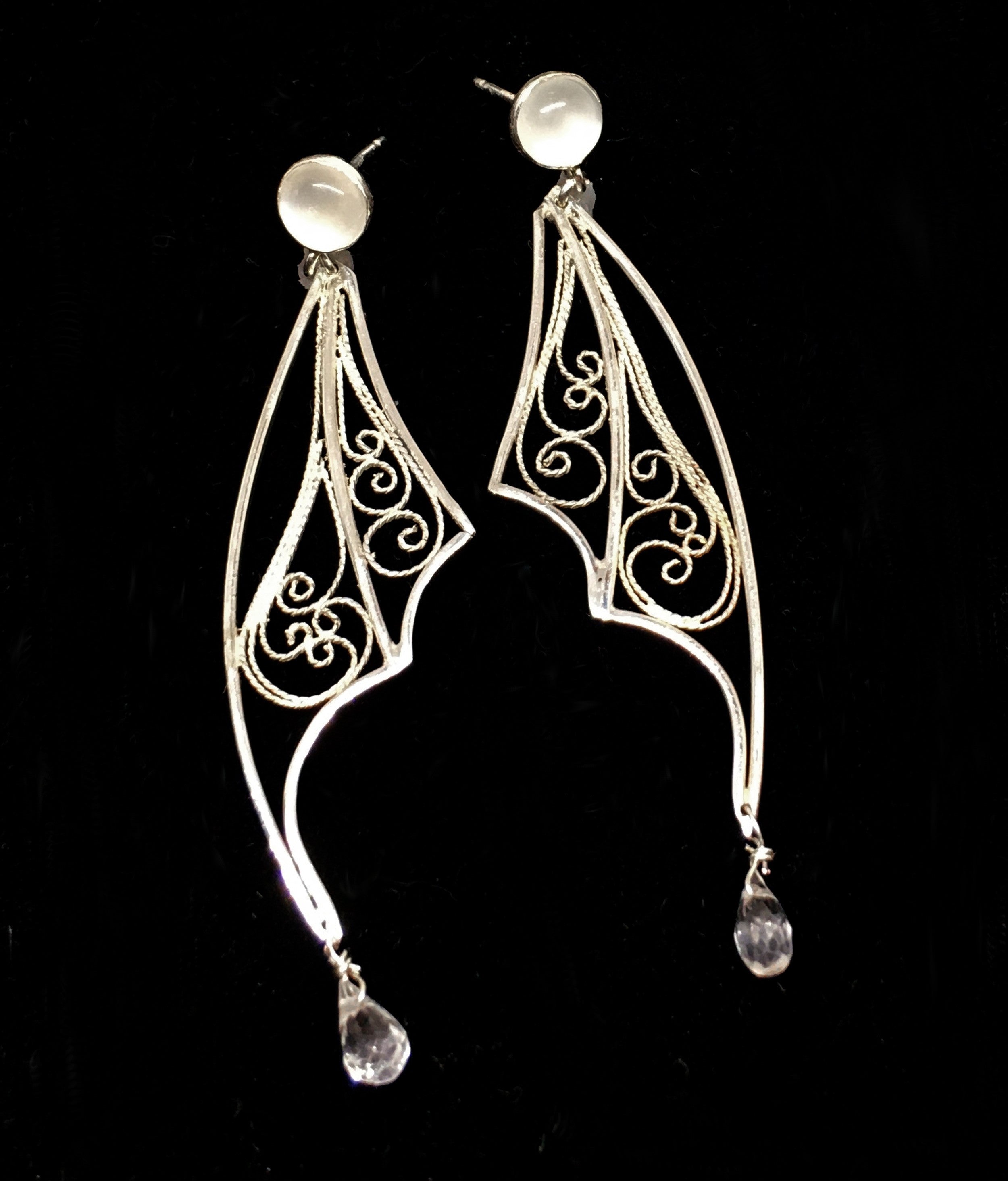 handmade silver filigree earrings with moonstone and white topaz
