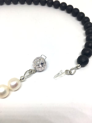 Onyx, Pearl and Diamond Statement Necklace - Asymmetrical Necklace with Mitsuro Hikime