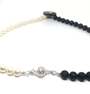 Onyx, Pearl and Diamond Statement Necklace - Asymmetrical Necklace with Mitsuro Hikime