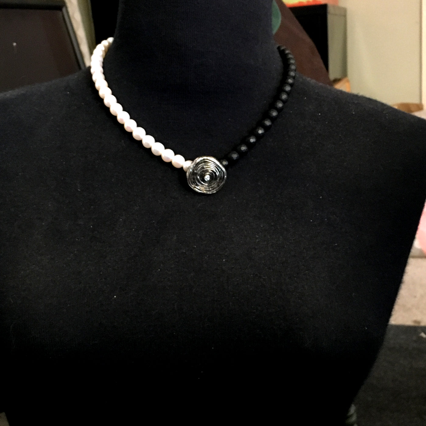 Onyx, Pearl and Diamond Statement Necklace - Asymmetrical Necklace with Mitsuro Hikime