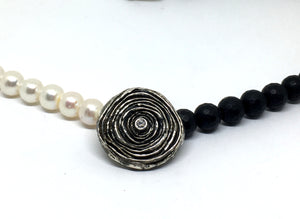 Onyx, Pearl and Diamond Statement Necklace - Asymmetrical Necklace with Mitsuro Hikime