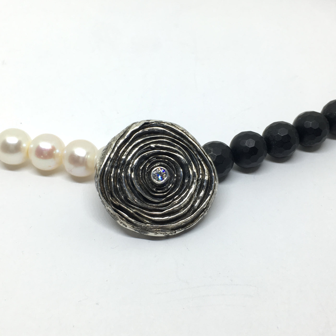 Onyx, Pearl and Diamond Statement Necklace - Asymmetrical Necklace with Mitsuro Hikime