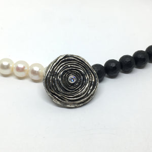 Onyx, Pearl and Diamond Statement Necklace - Asymmetrical Necklace with Mitsuro Hikime