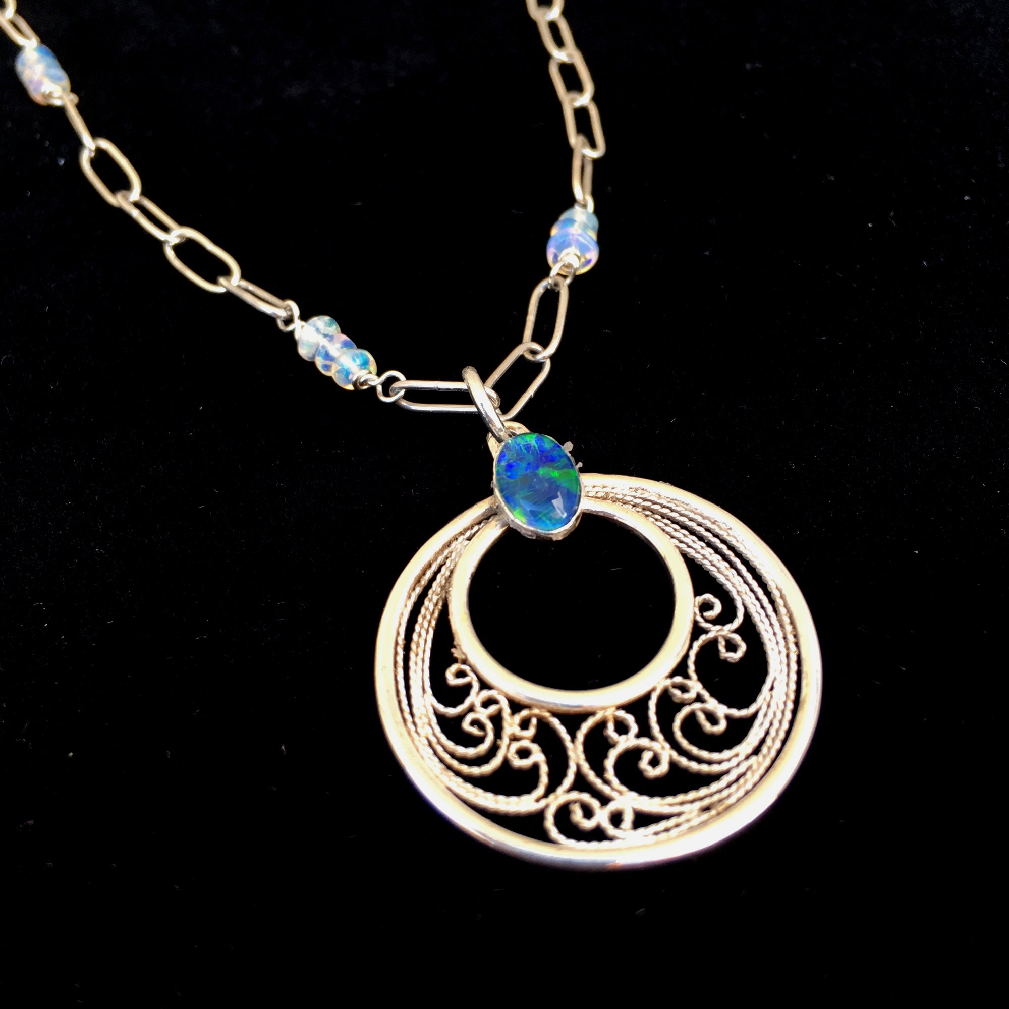 Silver Filigree Black Opal Pendant with Handmade Opal Chain