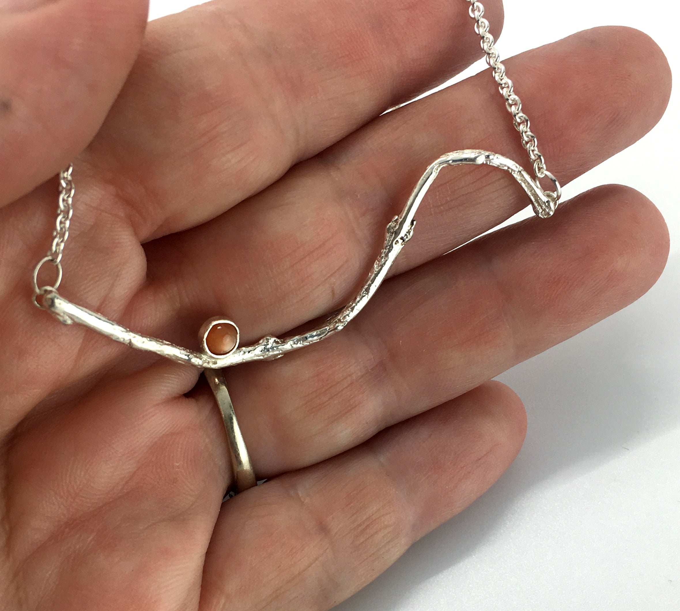 Sterling Silver Olive Twig Necklace with Peach Moonstone