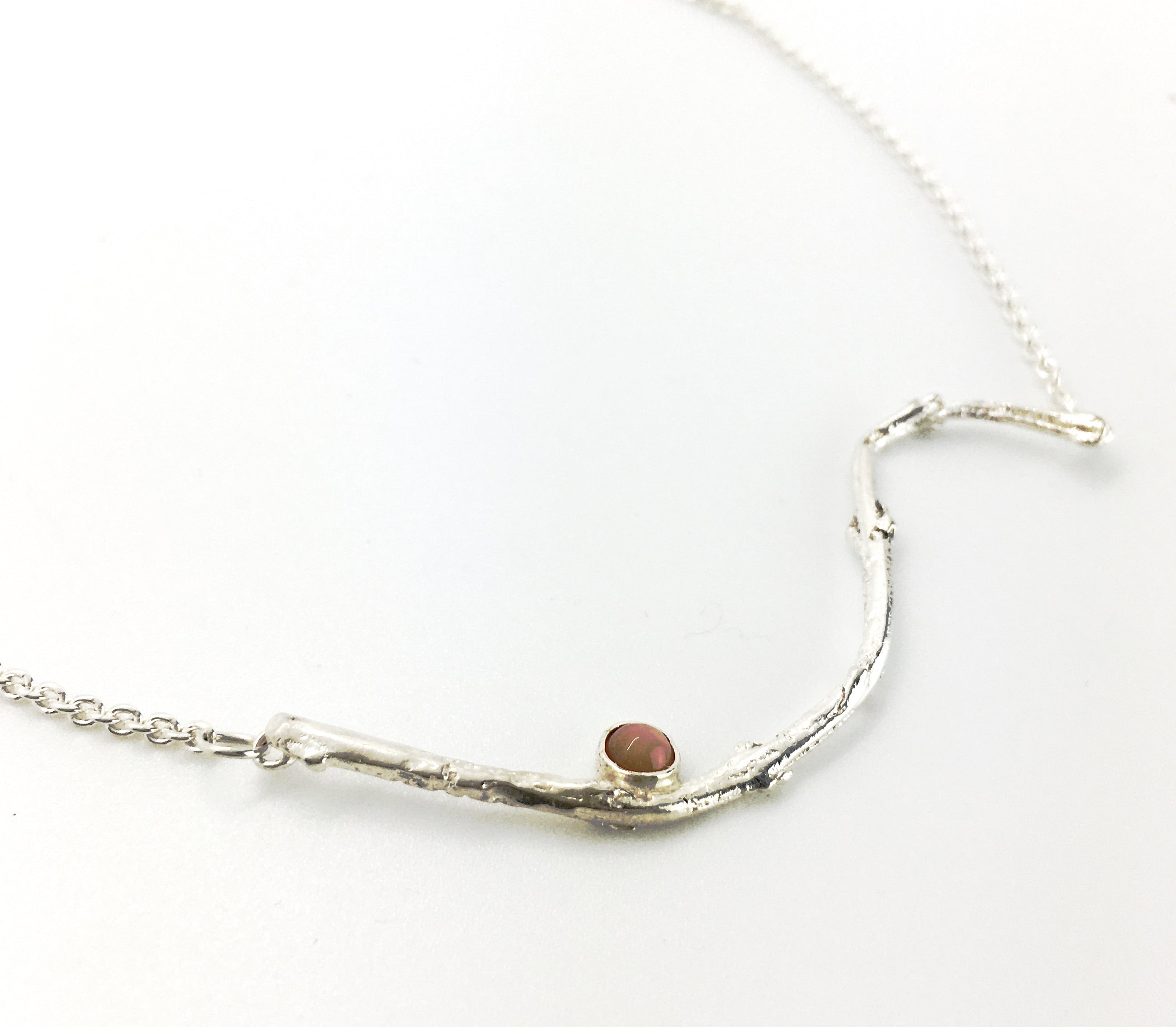 sterling silver olive twig necklace with peach moonstone gem
