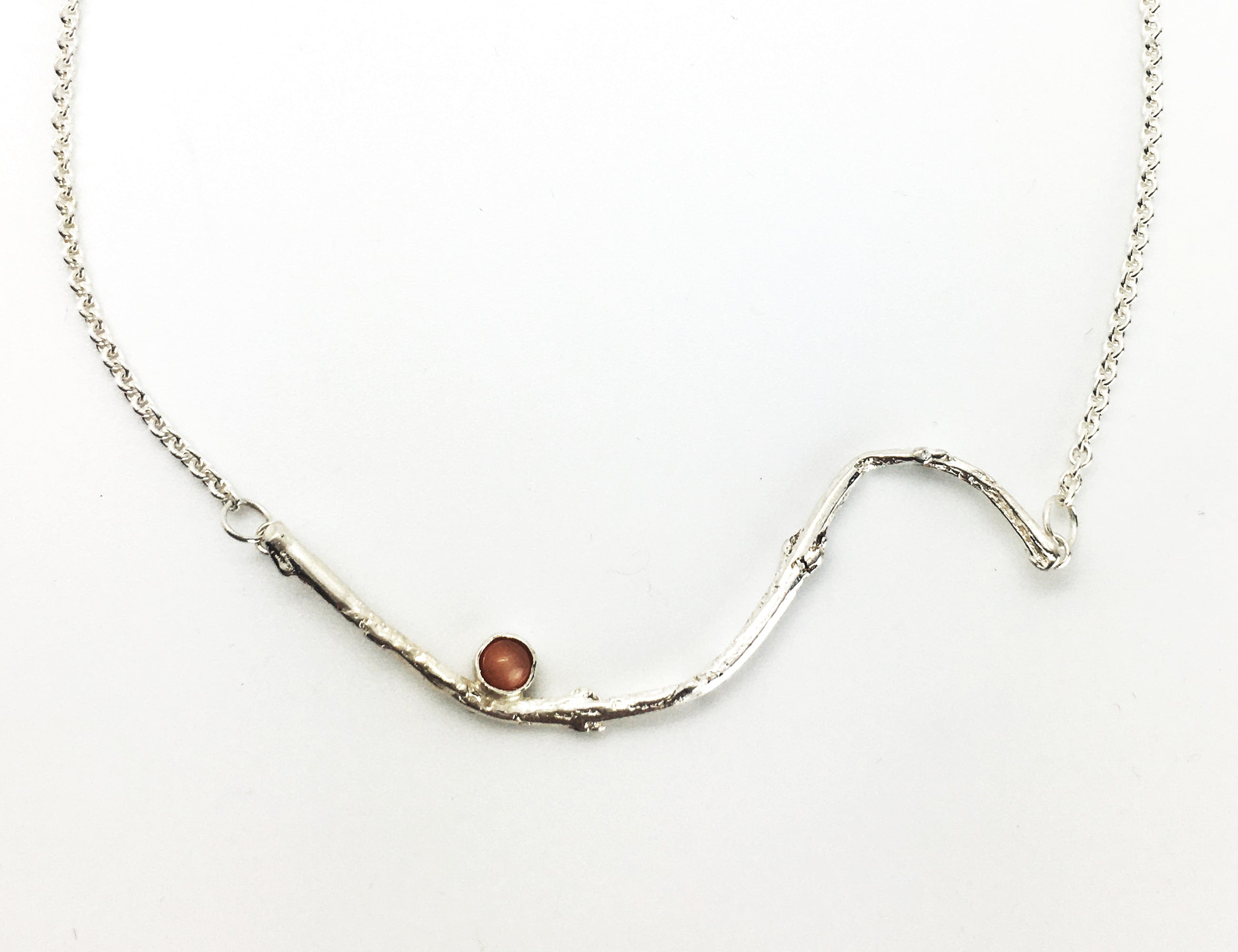 sterling silver olive twig necklace with peach moonstone