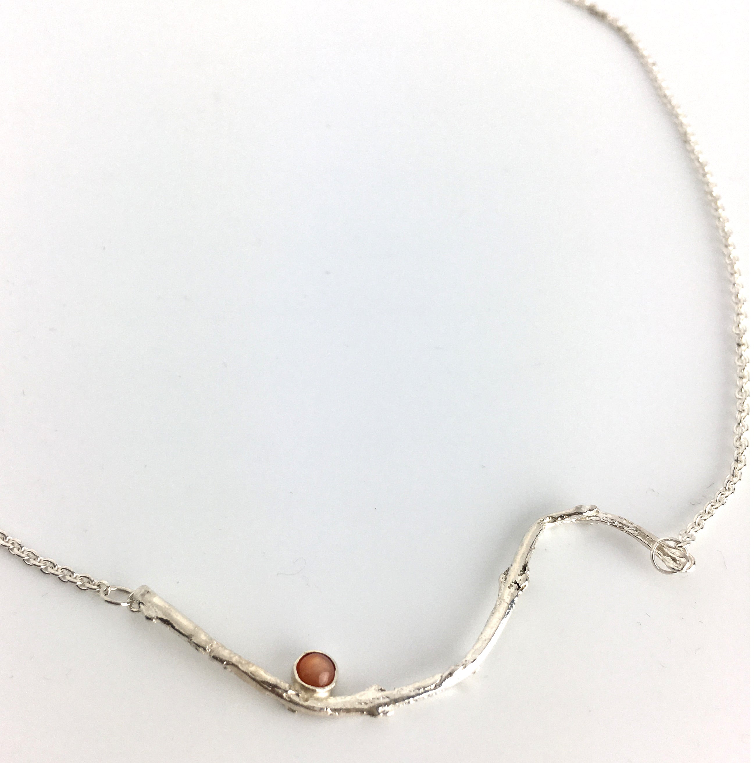Sterling Silver Olive Twig Necklace with Peach Moonstone