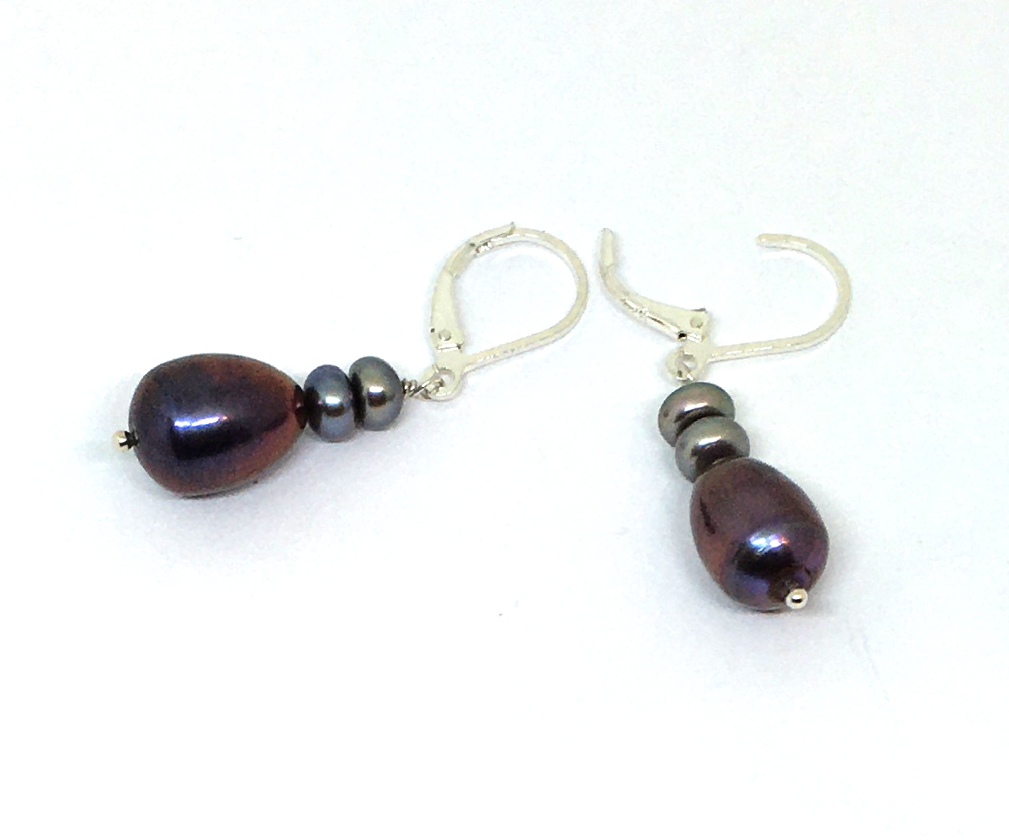 Teardrop Peacock Pearl Dangle Leverback Earrings in Sterling Silver